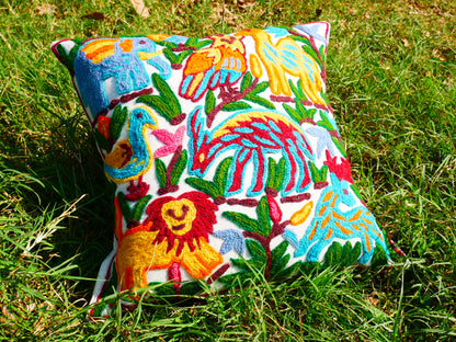 Colorful Crewel Pillow Cover "Boho Jungle" Handcrafted by Artisans 16x16 inches Kashmiri Embroidery Pillow
