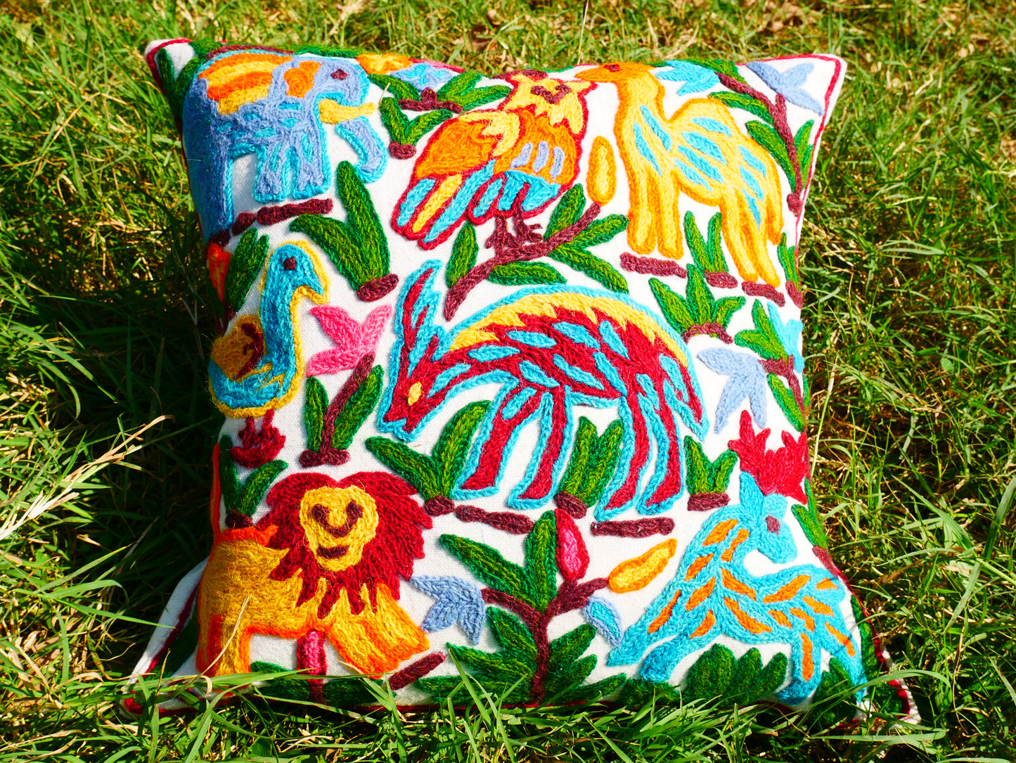 Colorful Crewel Pillow Cover "Boho Jungle" Handcrafted by Artisans 16x16 inches Kashmiri Embroidery Pillow