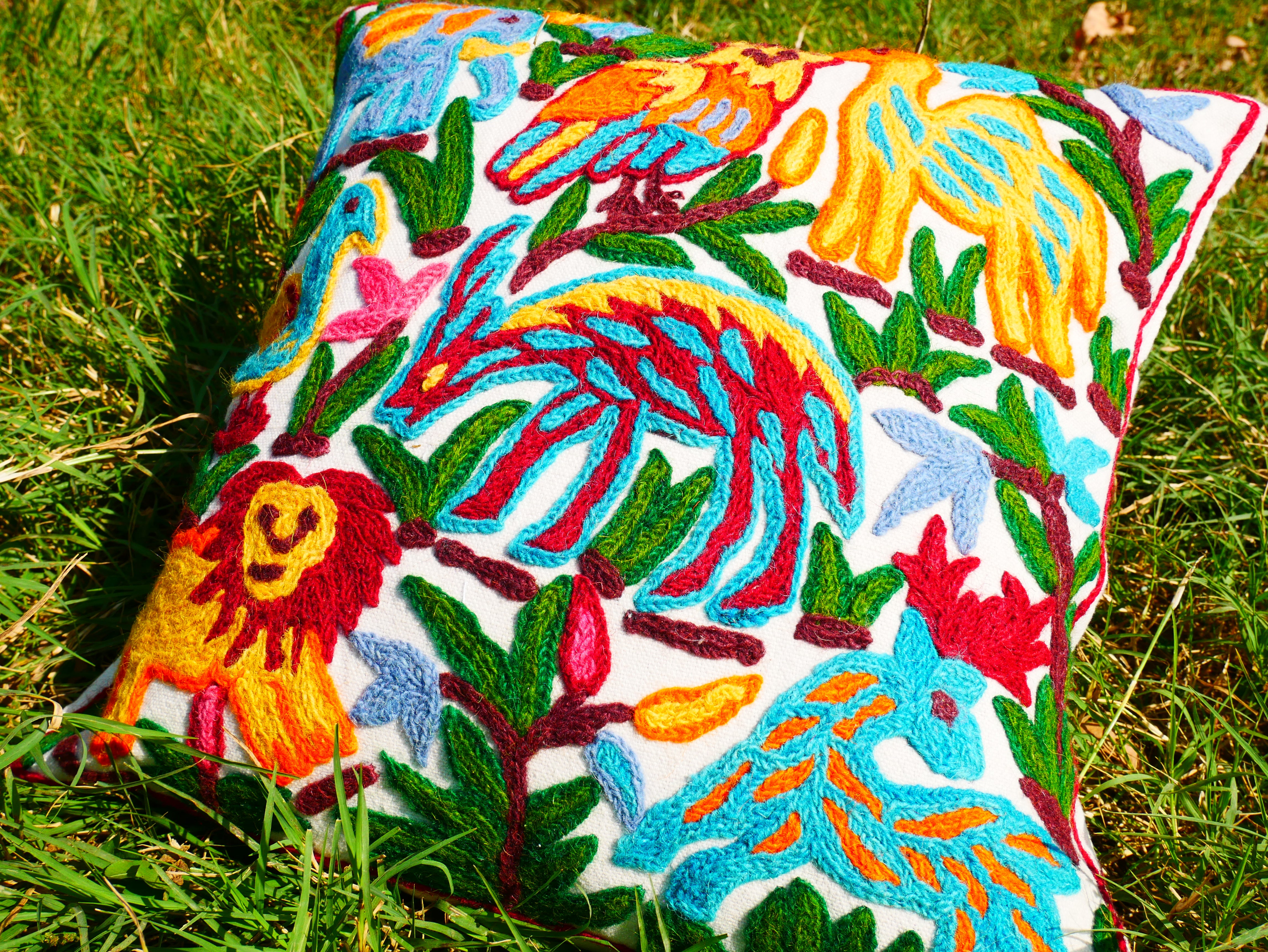 Colorful Crewel Pillow Cover "Boho Jungle" Handcrafted by Artisans 16x16 inches Kashmiri Embroidery Pillow