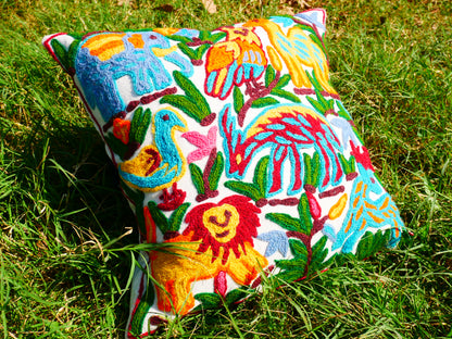 Colorful Crewel Pillow Cover "Boho Jungle" Handcrafted by Artisans 16x16 inches Kashmiri Embroidery Pillow