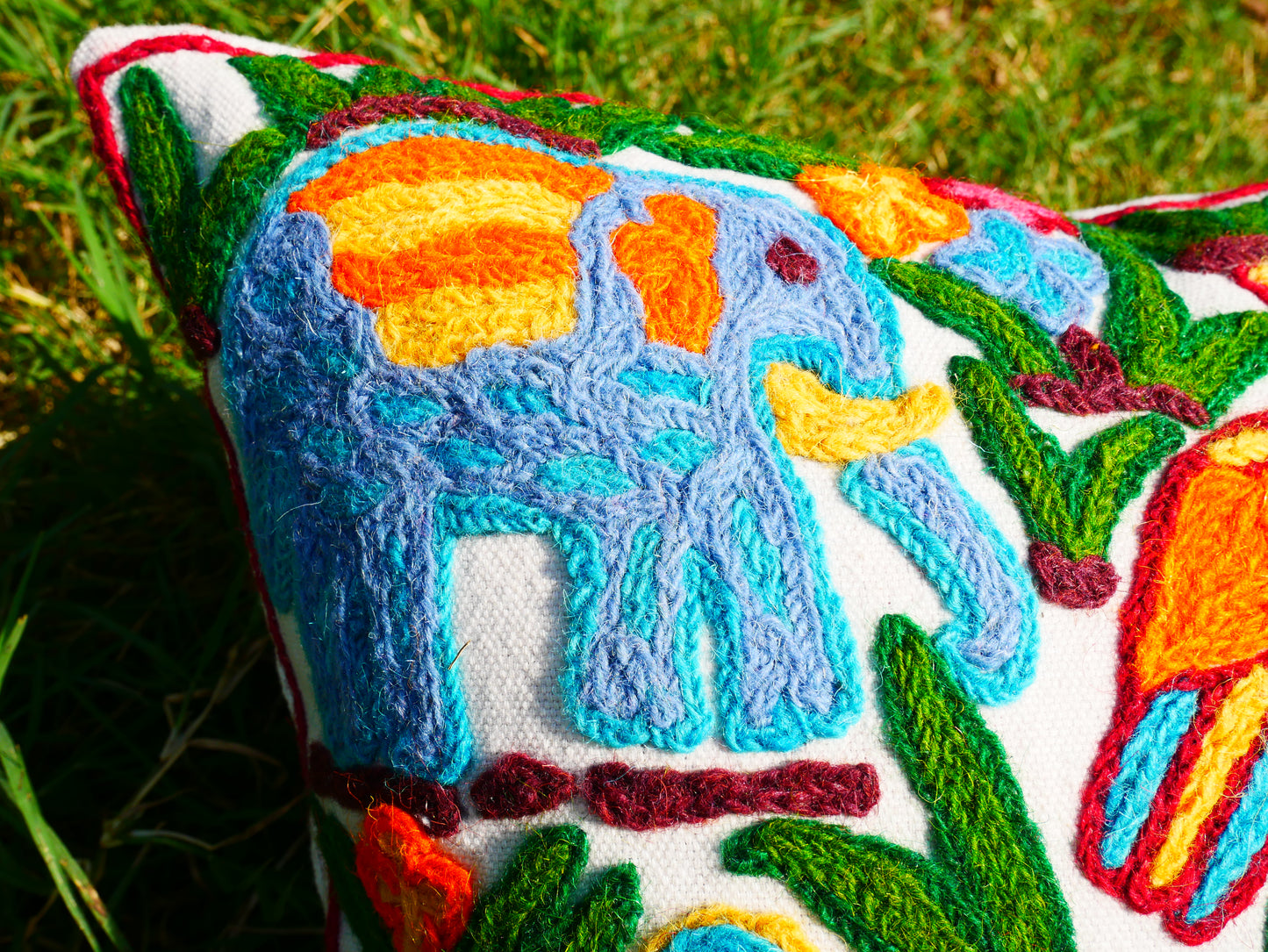 Colorful Crewel Pillow Cover "Boho Jungle" Handcrafted by Artisans 16x16 inches Kashmiri Embroidery Pillow