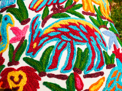Colorful Crewel Pillow Cover "Boho Jungle" Handcrafted by Artisans 16x16 inches Kashmiri Embroidery Pillow