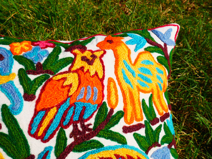 Colorful Crewel Pillow Cover "Boho Jungle" Handcrafted by Artisans 16x16 inches Kashmiri Embroidery Pillow