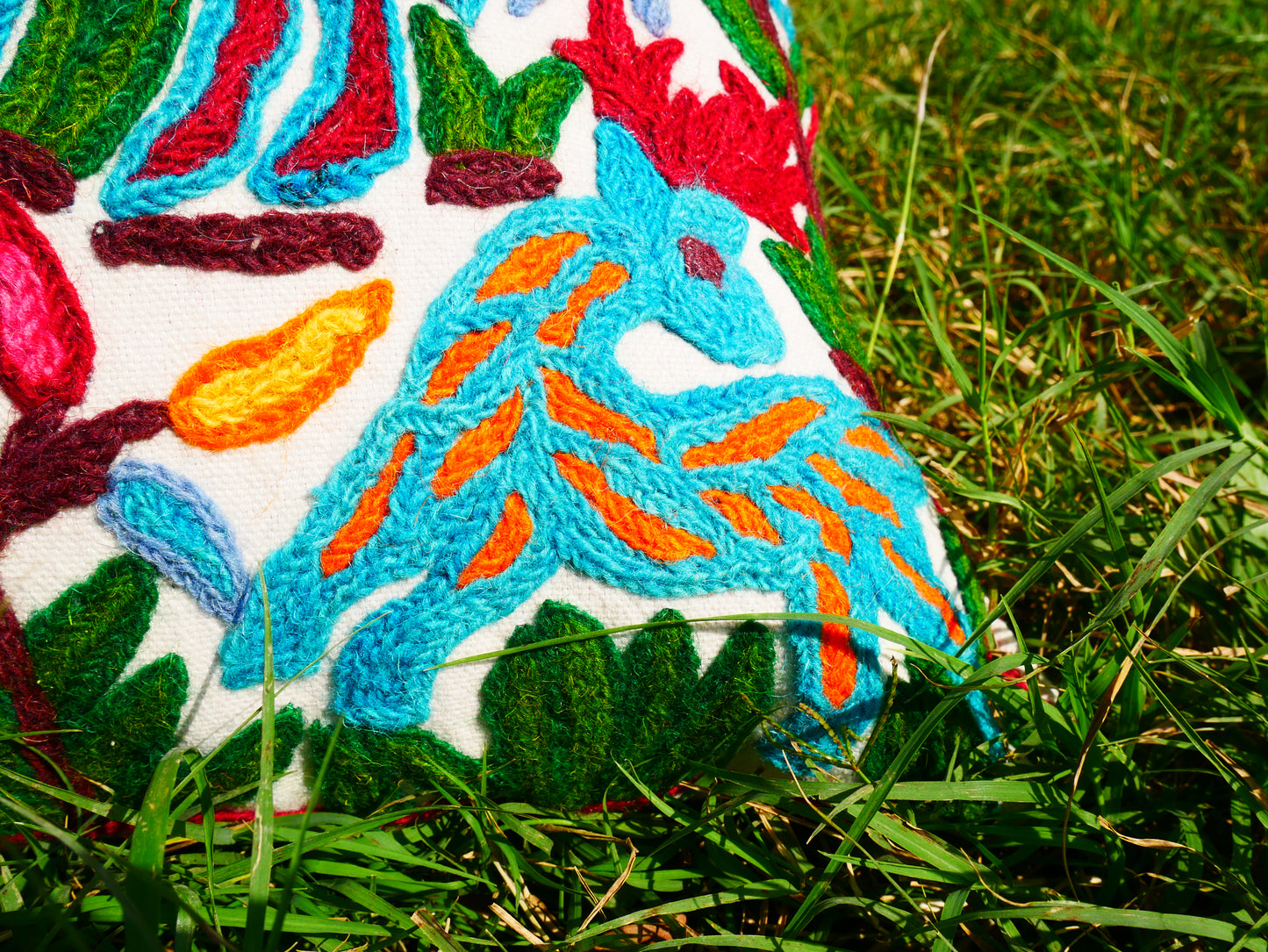 Colorful Crewel Pillow Cover "Boho Jungle" Handcrafted by Artisans 16x16 inches Kashmiri Embroidery Pillow