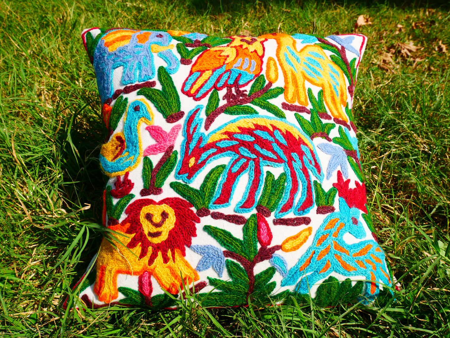 Colorful Crewel Pillow Cover "Boho Jungle" Handcrafted by Artisans 16x16 inches Kashmiri Embroidery Pillow