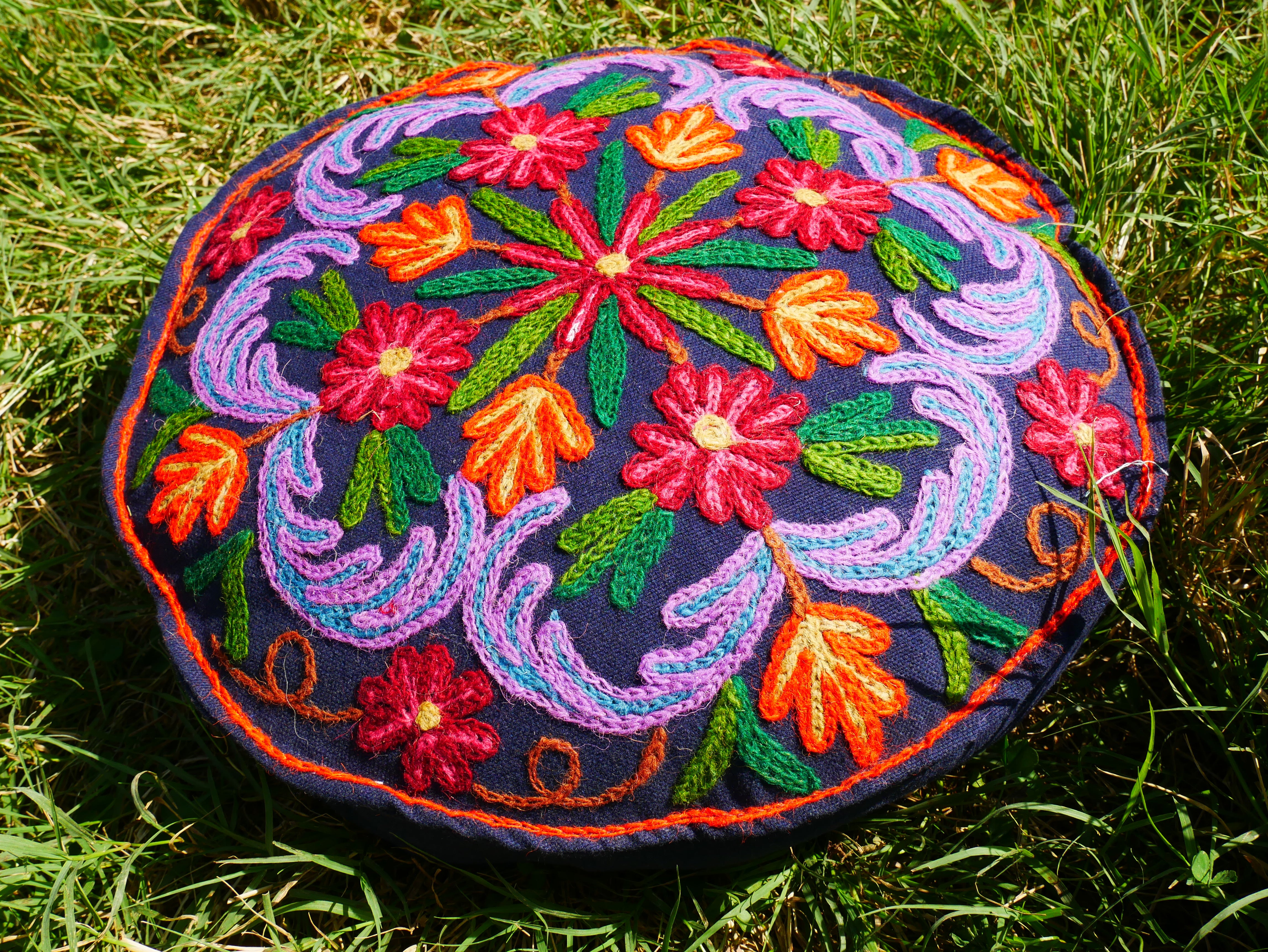 Kashmiri Meditation cushion Embroidery floor pillow cover, Hand embroidered flower Mandala - boho hippie floor seating | Cover only