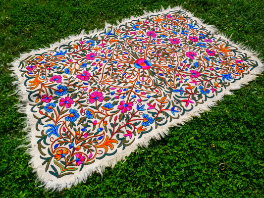 Kashmiri Artisan Rug Hand-Felted Namda From Kashmir | Floral Embroidered Boho Area Carpet