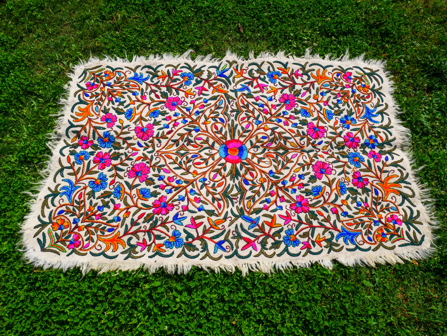 Kashmiri Artisan Rug Hand-Felted Namda From Kashmir | Floral Embroidered Boho Area Carpet