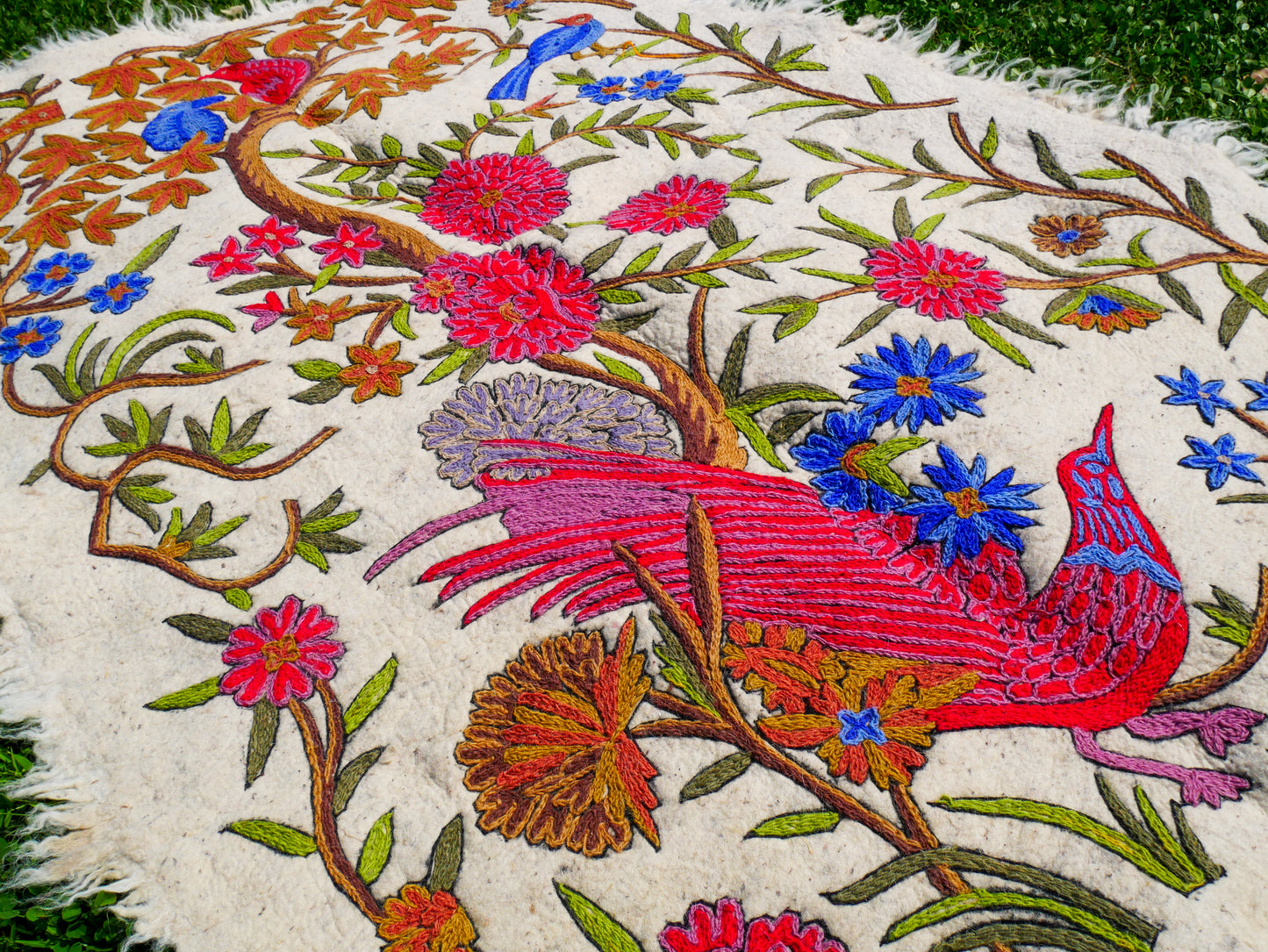 Amazing Artisan Rug Hand-Felted Namda From Kashmir | Floral Embroidered Boho Area Carpet