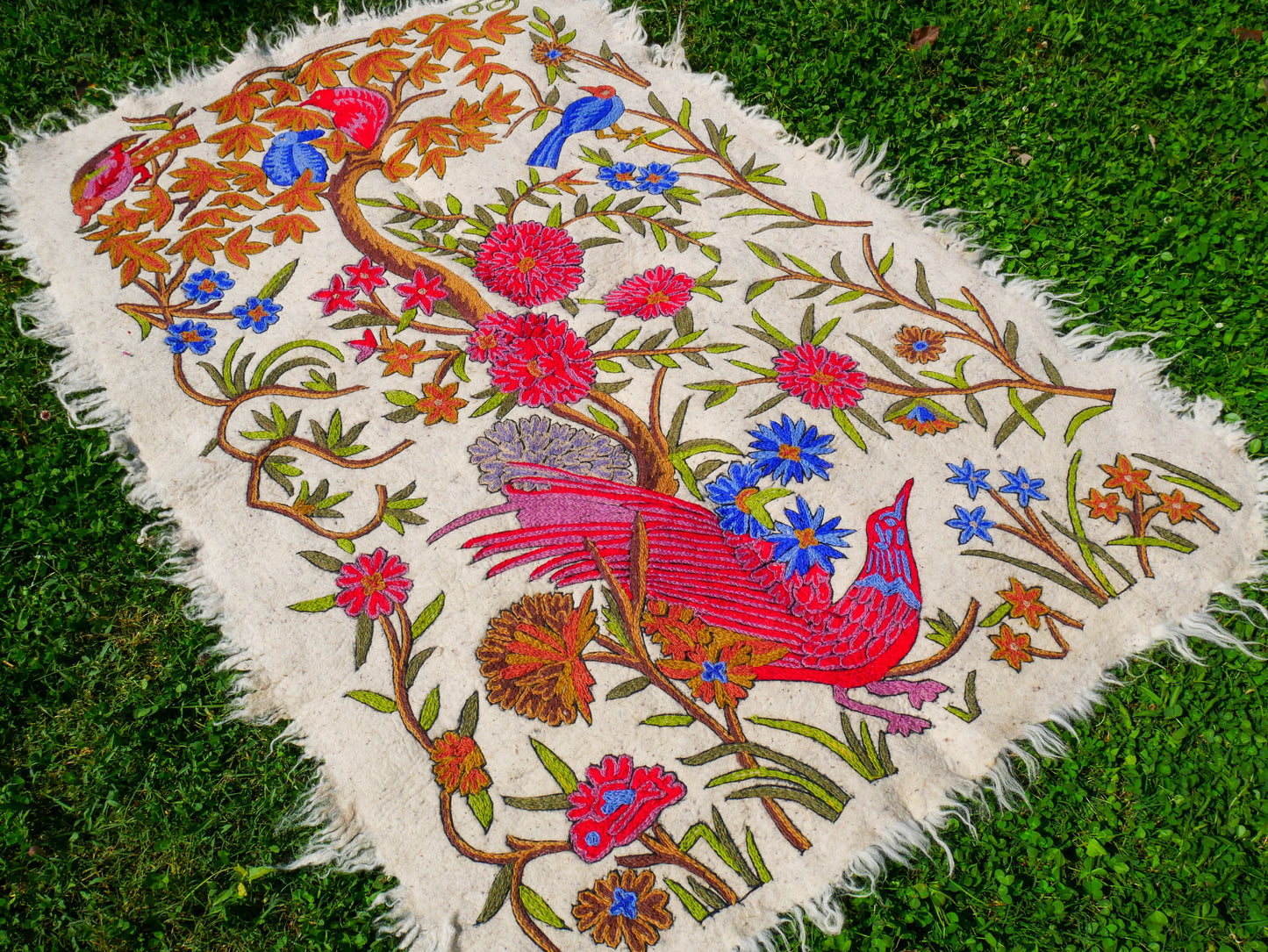 Amazing Artisan Rug Hand-Felted Namda From Kashmir | Floral Embroidered Boho Area Carpet