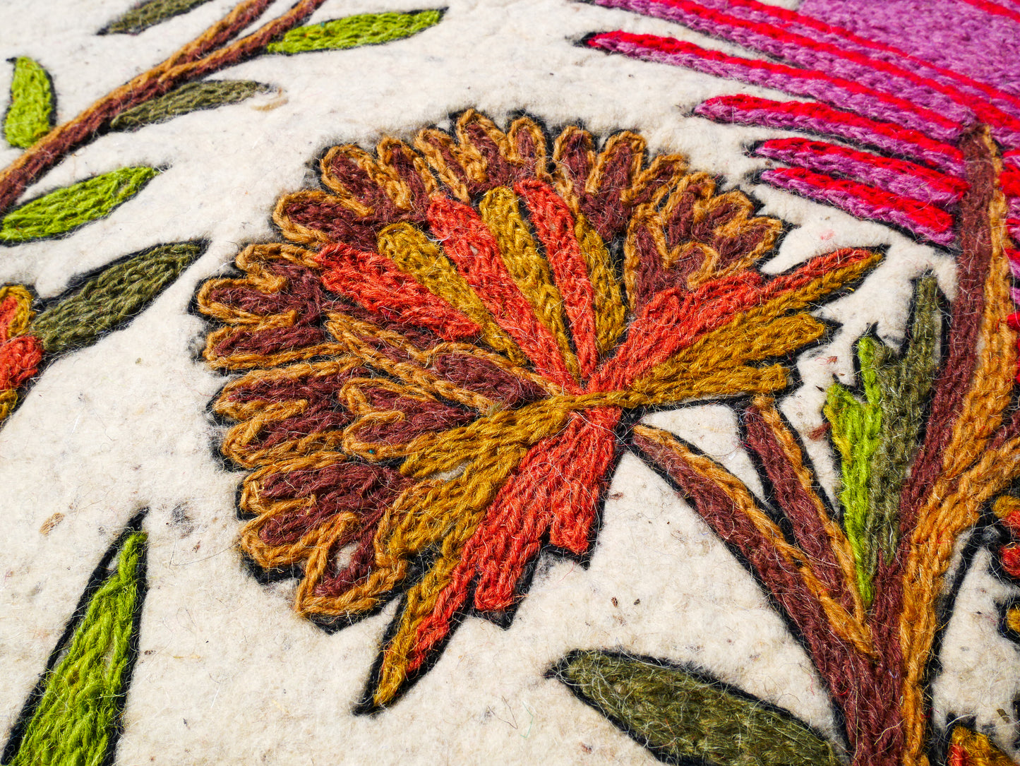 Amazing Artisan Rug Hand-Felted Namda From Kashmir | Floral Embroidered Boho Area Carpet