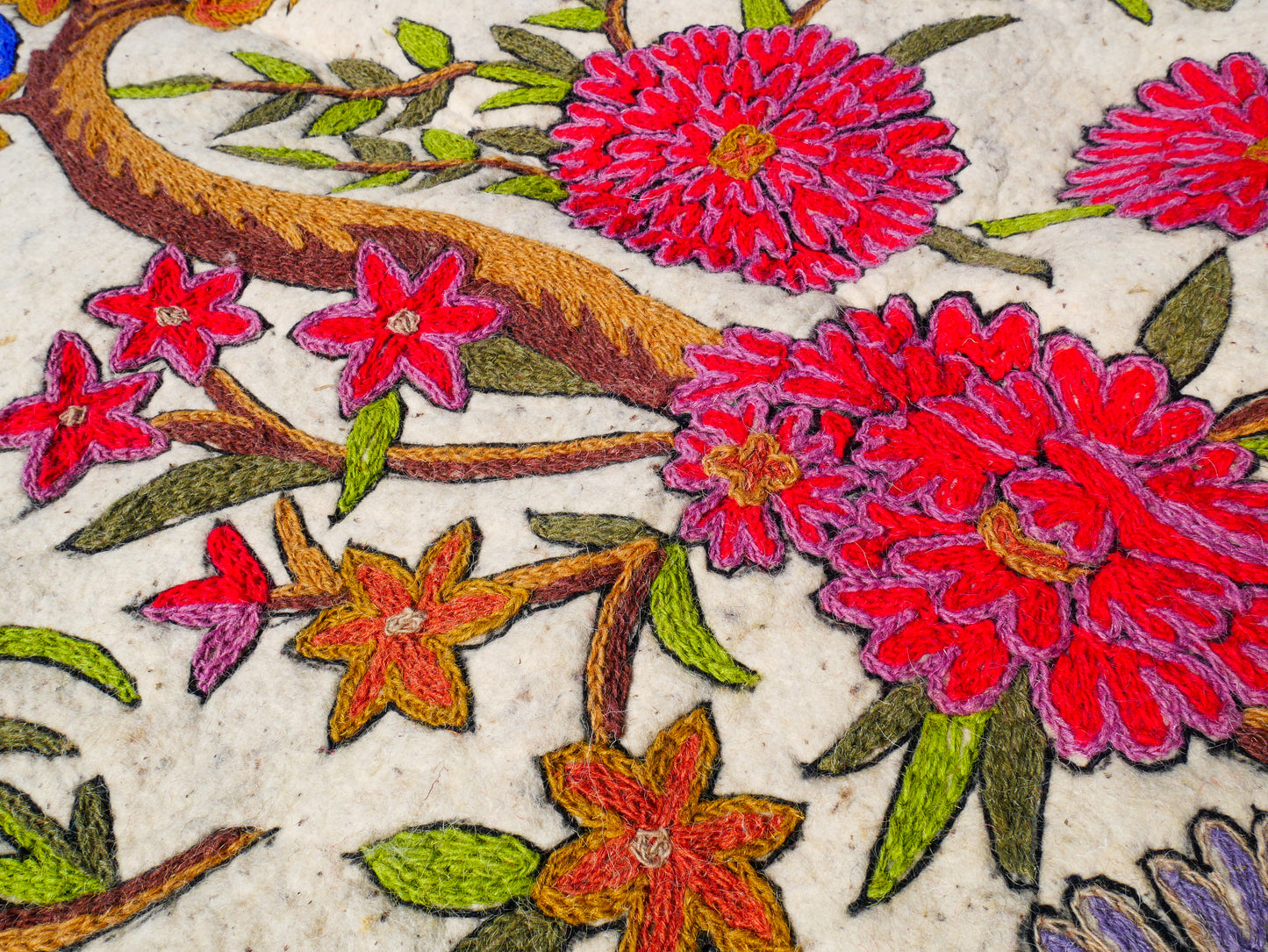 Amazing Artisan Rug Hand-Felted Namda From Kashmir | Floral Embroidered Boho Area Carpet