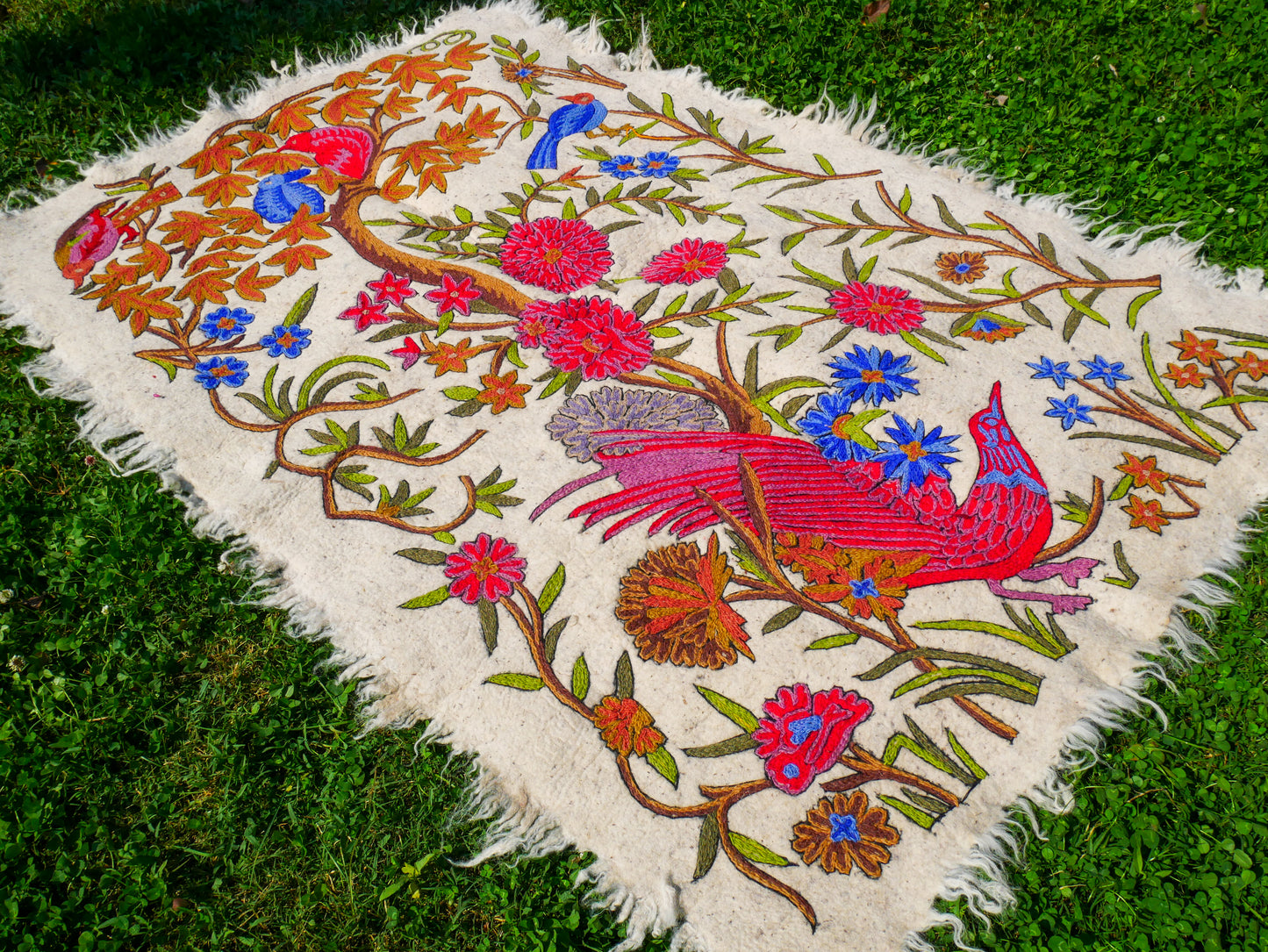 Amazing Artisan Rug Hand-Felted Namda From Kashmir | Floral Embroidered Boho Area Carpet