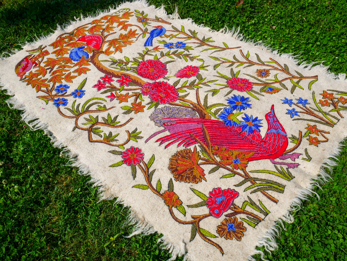 Artisan Rug Hand-Felted Namda From Kashmir | Floral Embroidered Wool A
