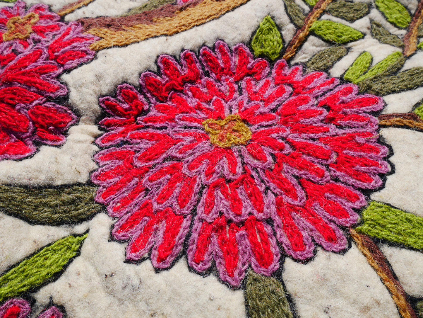 Amazing Artisan Rug Hand-Felted Namda From Kashmir | Floral Embroidered Boho Area Carpet