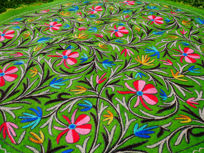 Kashmiri wool rug - green round "Namda" rug - hand felted and embroidered floor rug from India | 6 ft boho area rug -