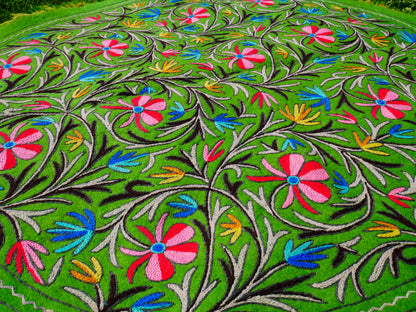 Kashmiri wool rug - green round "Namda" rug - hand felted and embroidered floor rug from India | 6 ft boho area rug -