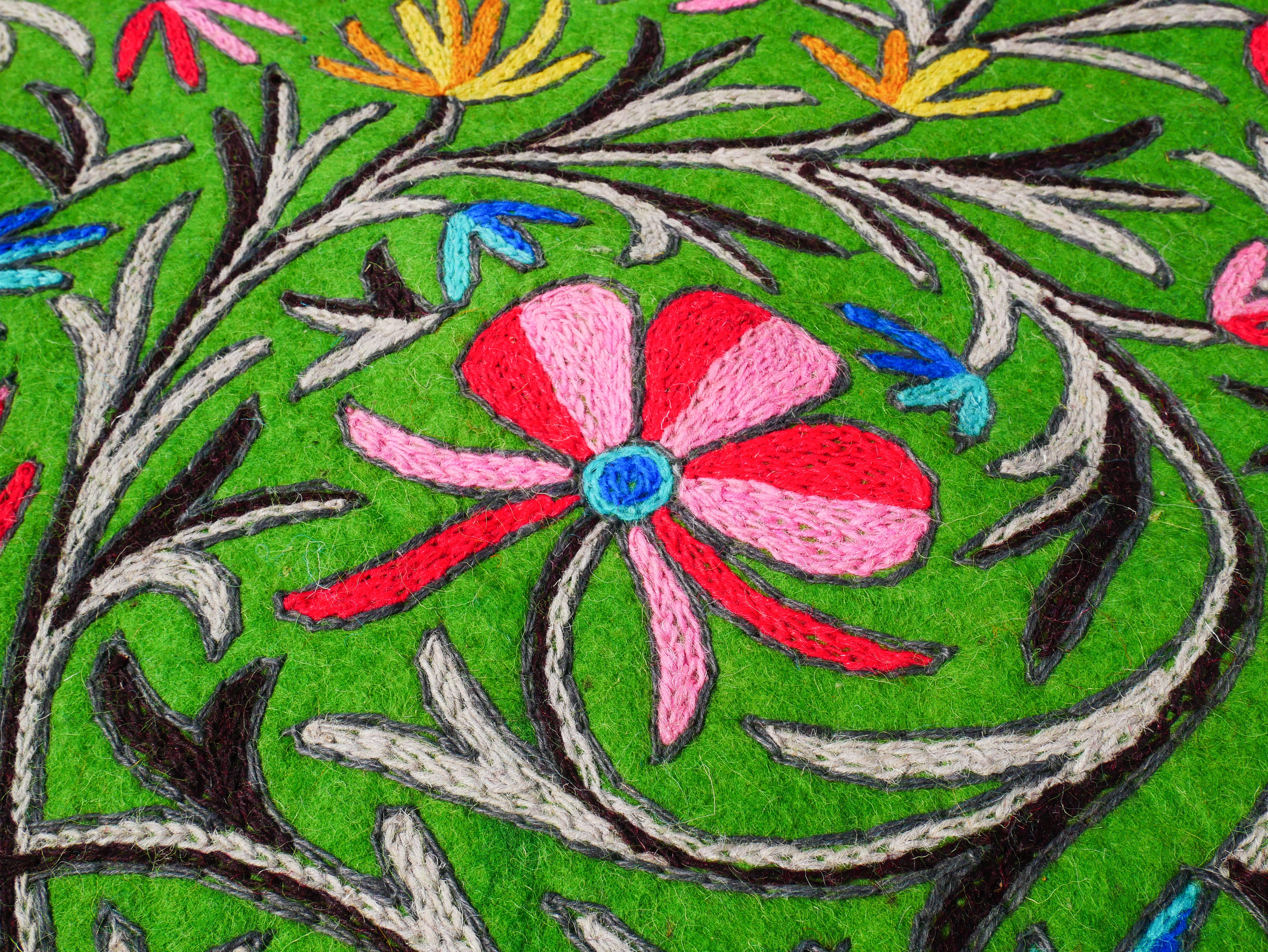 Alfombra de lana de Cachemira - alfombra redonda verde "Namda" - alfombra de suelo de fieltro y bordado a mano de la India | alfombra de área bohemia de 1,80 m -