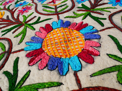 Round rug 5 ft boho wool rug "Namda" from Kashmir hand felted and embroidered