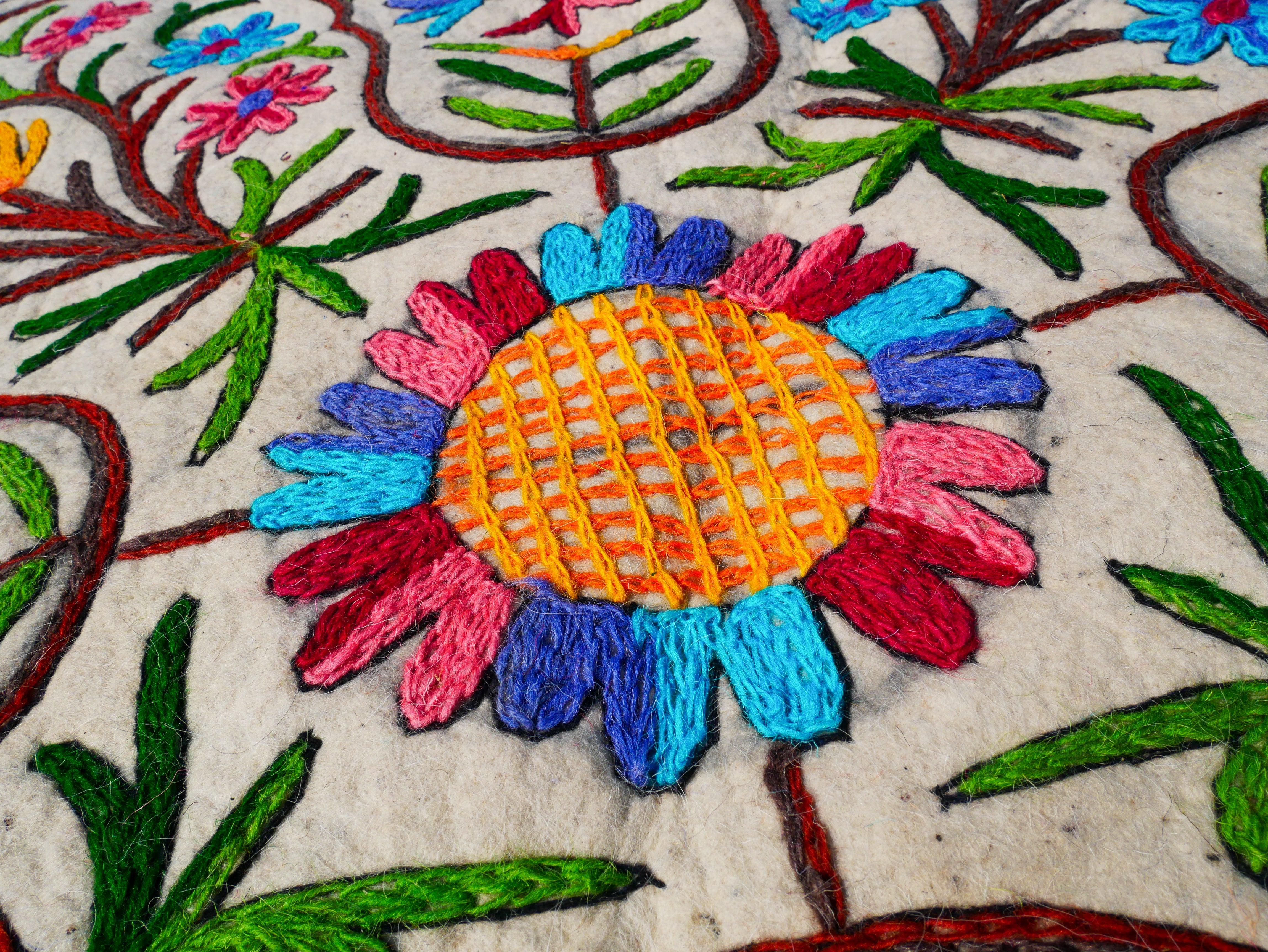Round rug 5 ft boho wool rug "Namda" from Kashmir hand felted and embroidered