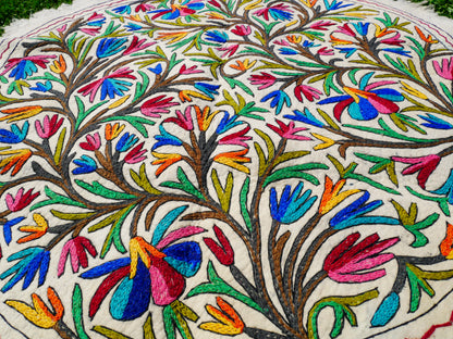 Round rug 5 ft boho wool rug "Namda" from Kashmir hand felted and embroidered