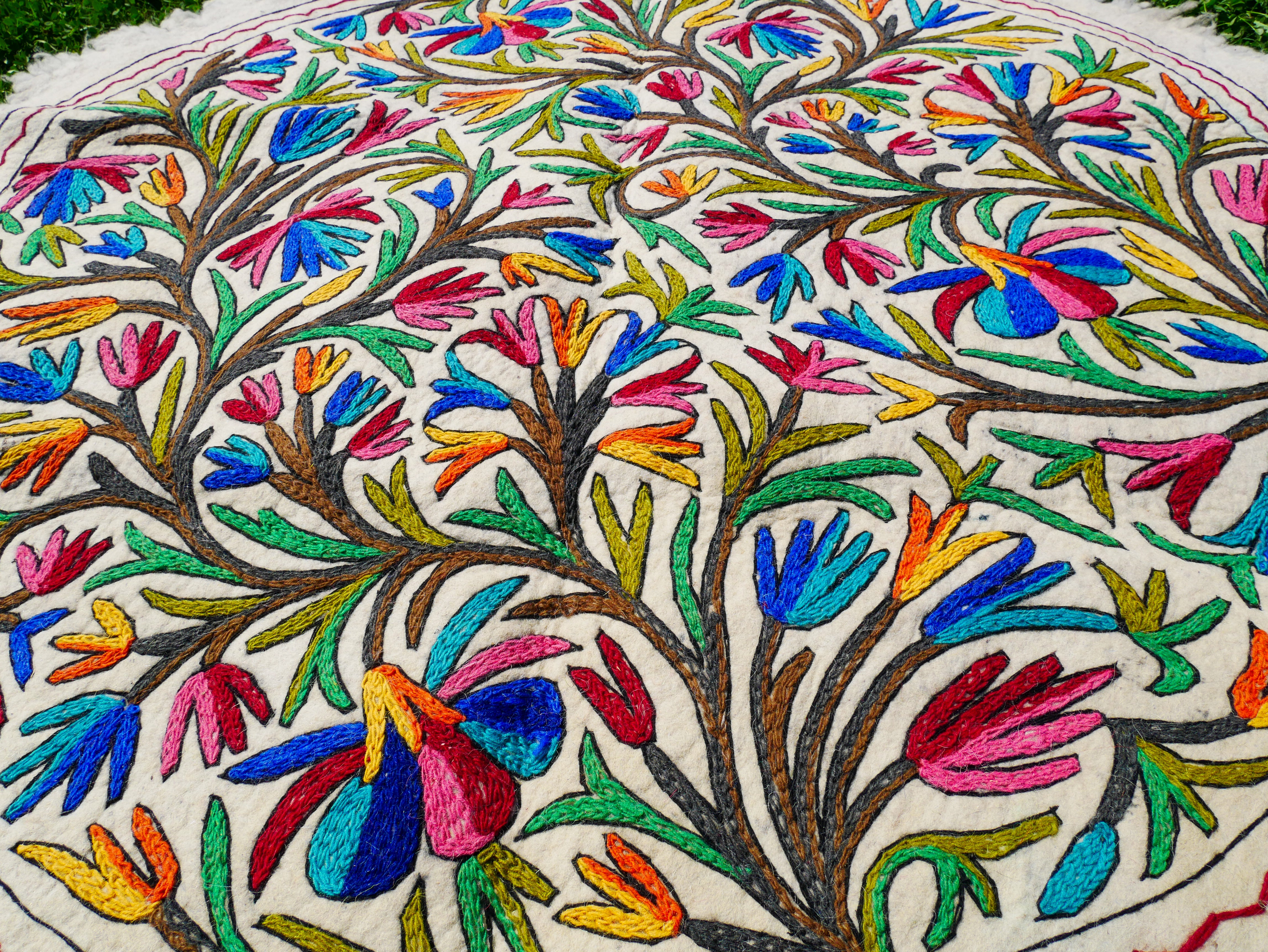Round Boho Wool Rug 5ft “Namda” | Handmade Embroidered Kashmir Carpet | Cozy Colorful Floor Accent