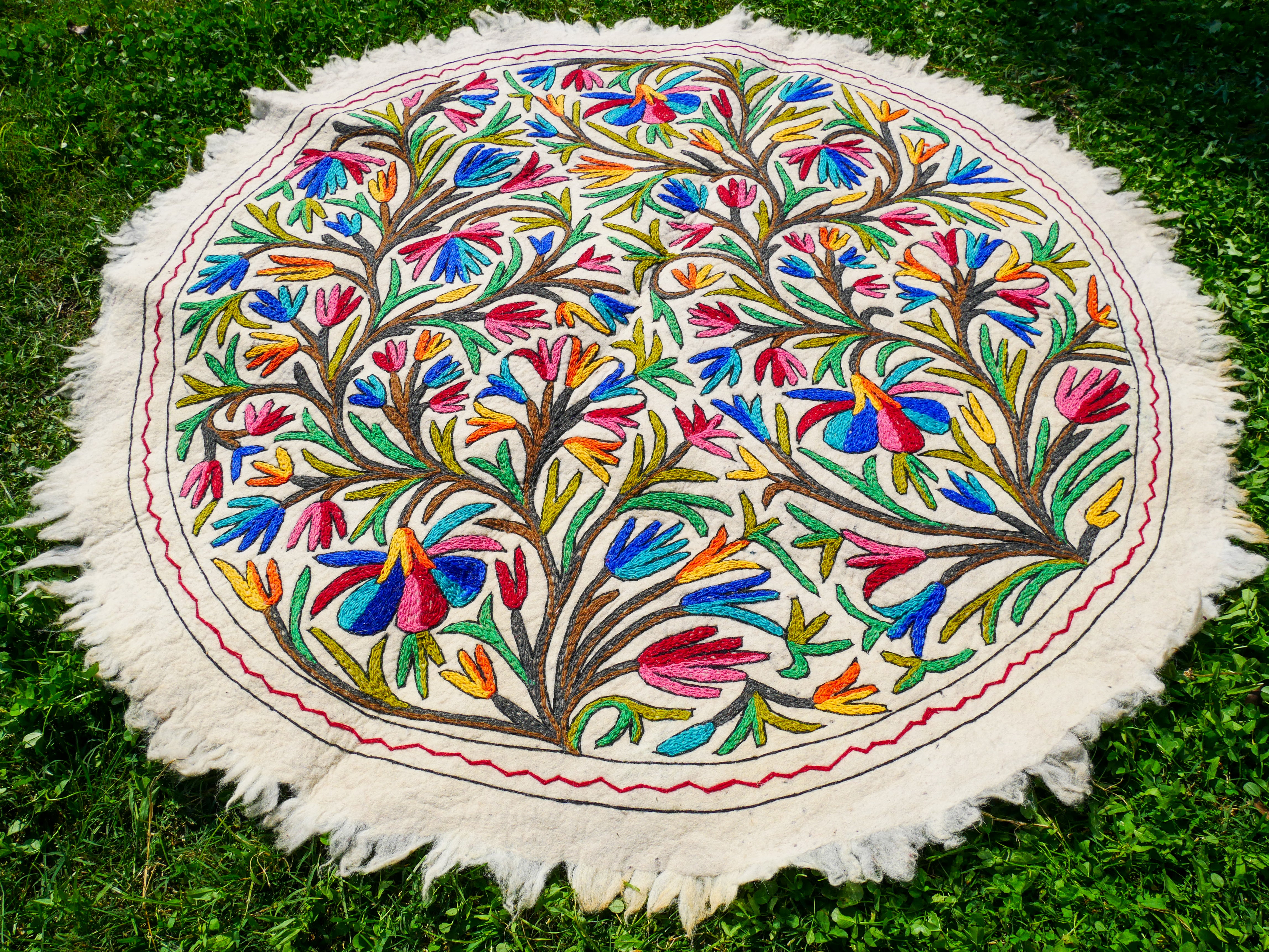 Round Boho Wool Rug 5ft “Namda” | Handmade Embroidered Kashmir Carpet | Cozy Colorful Floor Accent