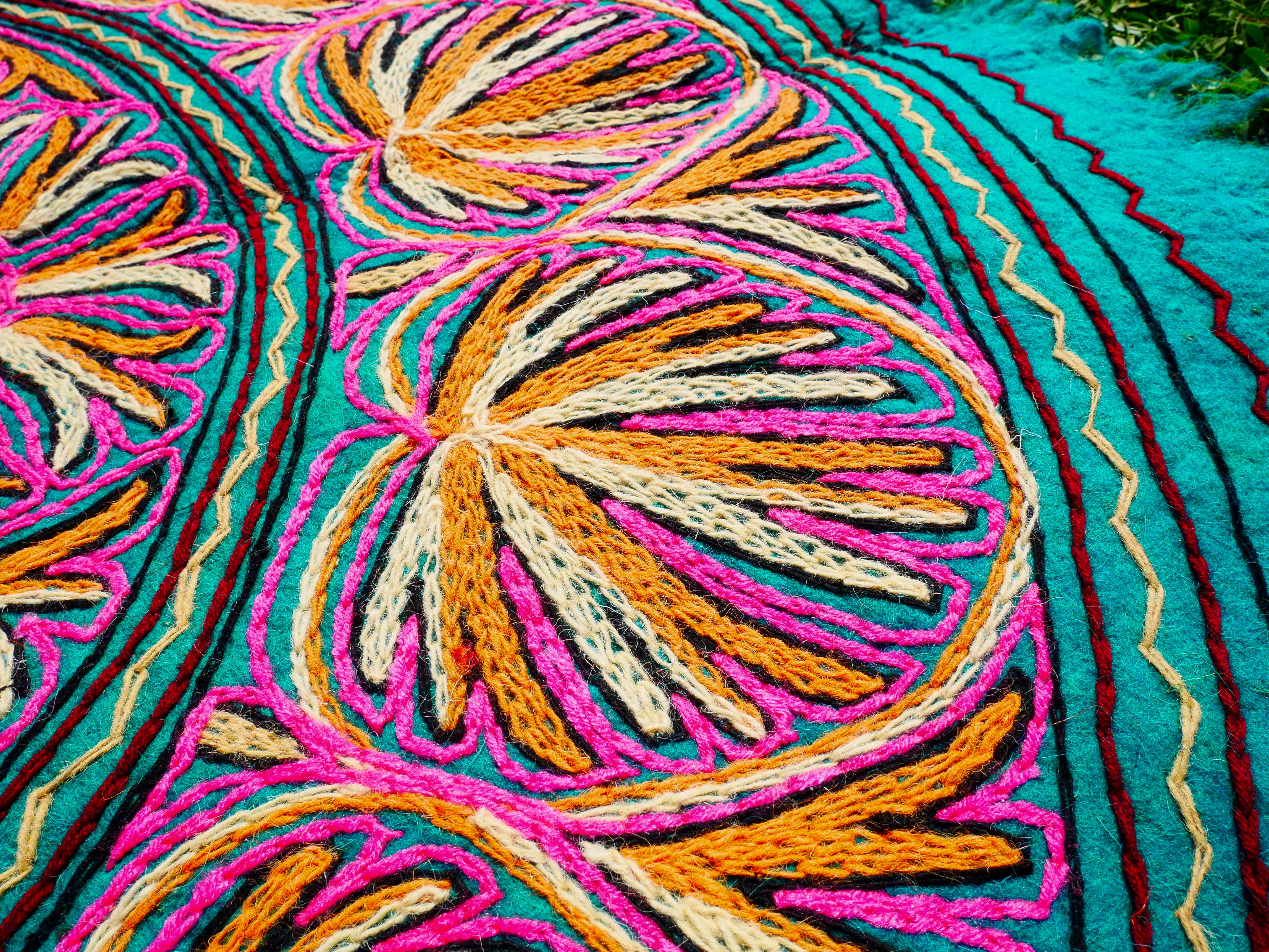 Round Mandala Wool Rug 5ft | Hand-Felted Namda From Kashmir | Boho Embroidered Area Carpet