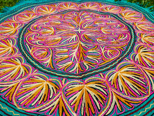 Round Mandala Wool Rug 5ft | Hand-Felted Namda From Kashmir | Boho Embroidered Area Carpet