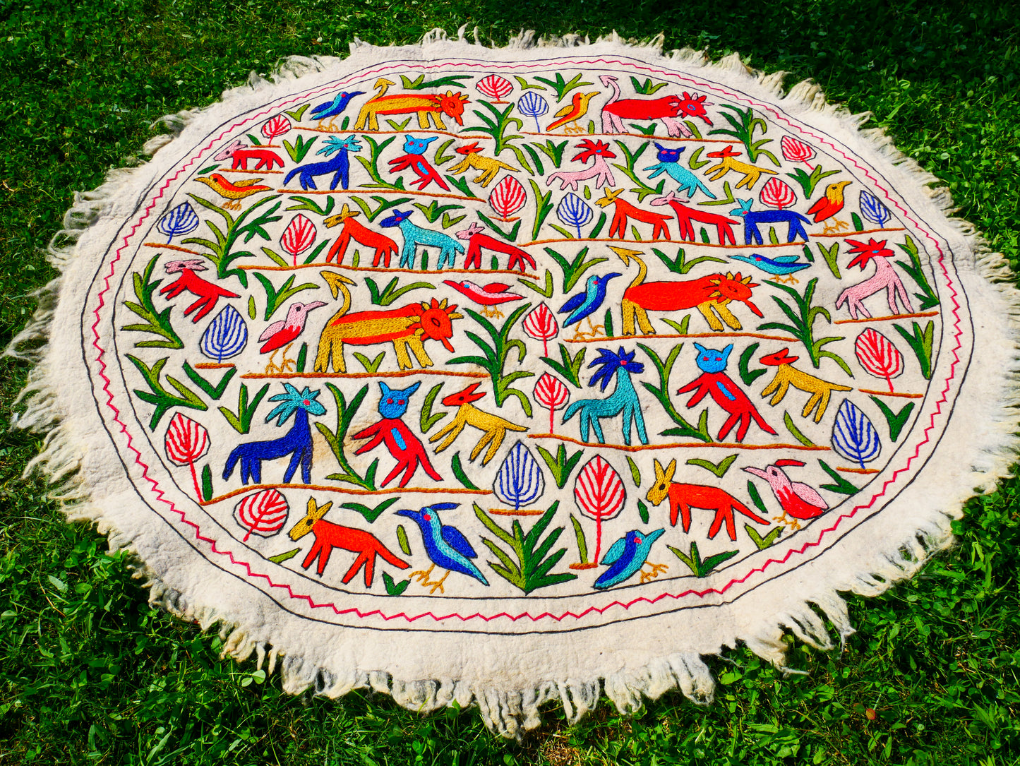 Kashmiri Namda rug 5ft - Boho Jungle wool rug - boho area rug handfelted and embroidered