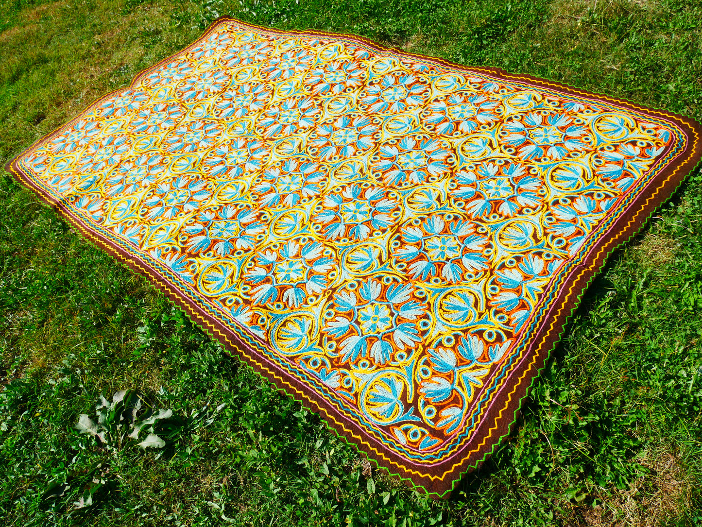 Hand felted Kashmiri Namda rug 6x10 fully embroidered - soft bohemian bedroom rug