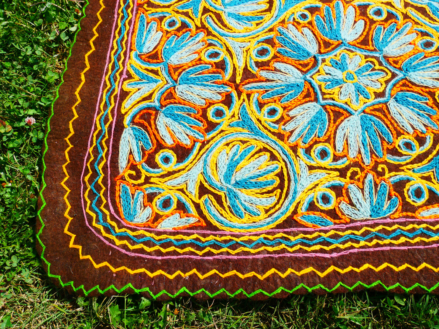 Hand felted Kashmiri Namda rug 6x10 fully embroidered - soft bohemian bedroom rug