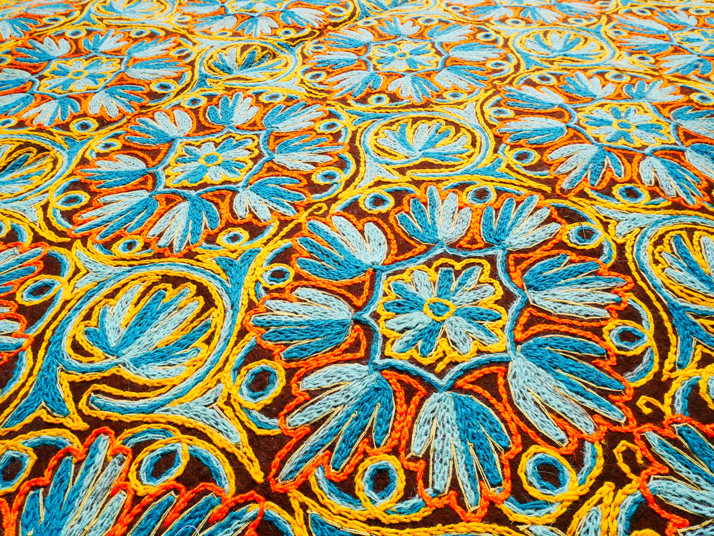 Hand felted Kashmiri Namda rug 6x10 fully embroidered - soft bohemian bedroom rug