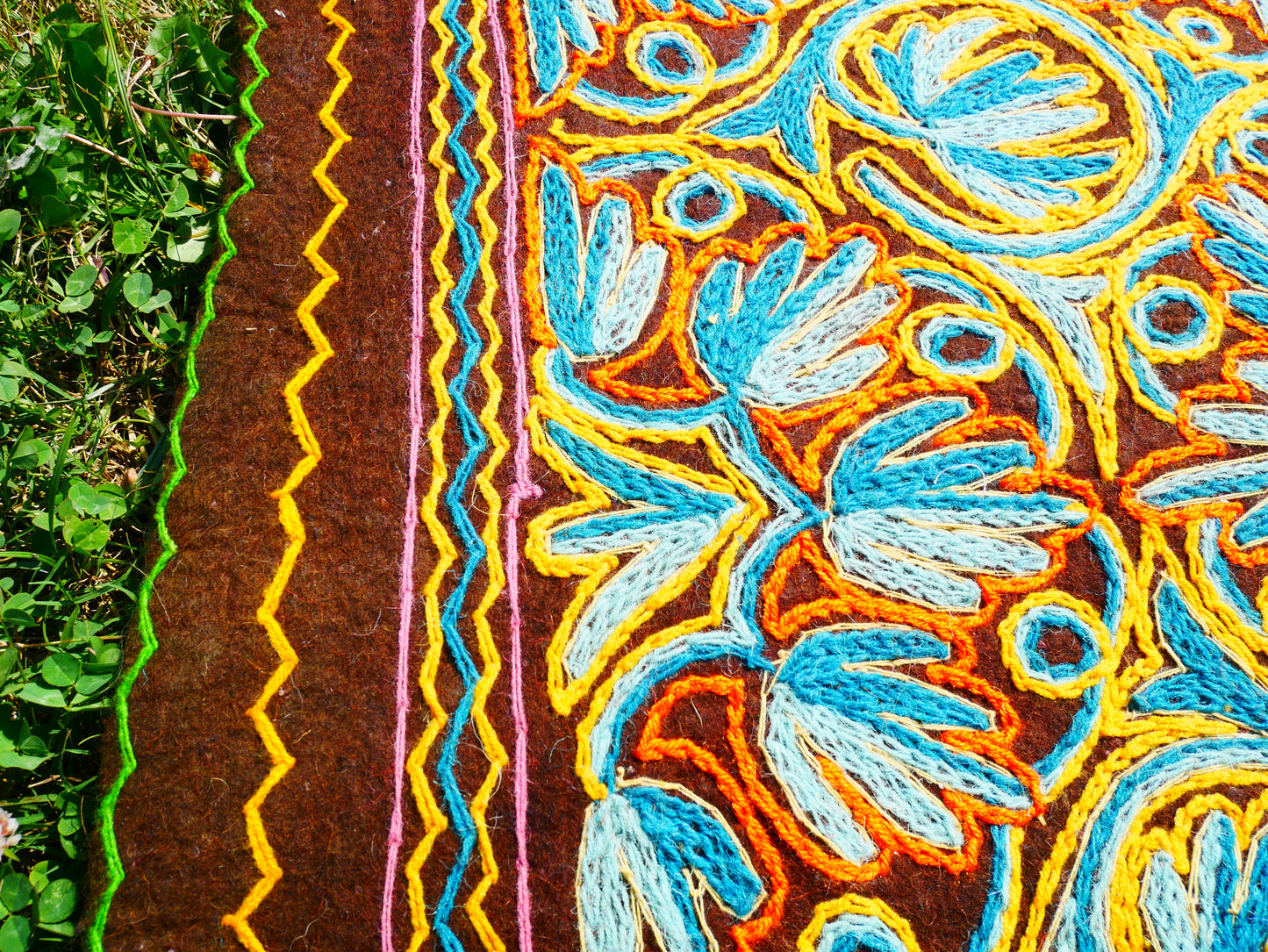 Hand felted Kashmiri Namda rug 6x10 fully embroidered - soft bohemian bedroom rug