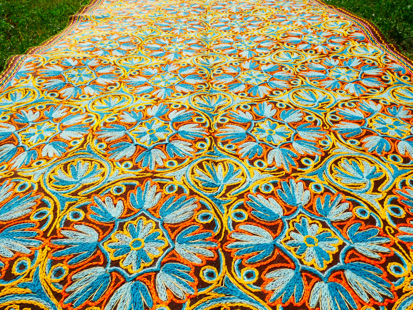 Hand felted Kashmiri Namda rug 6x10 fully embroidered - soft bohemian bedroom rug