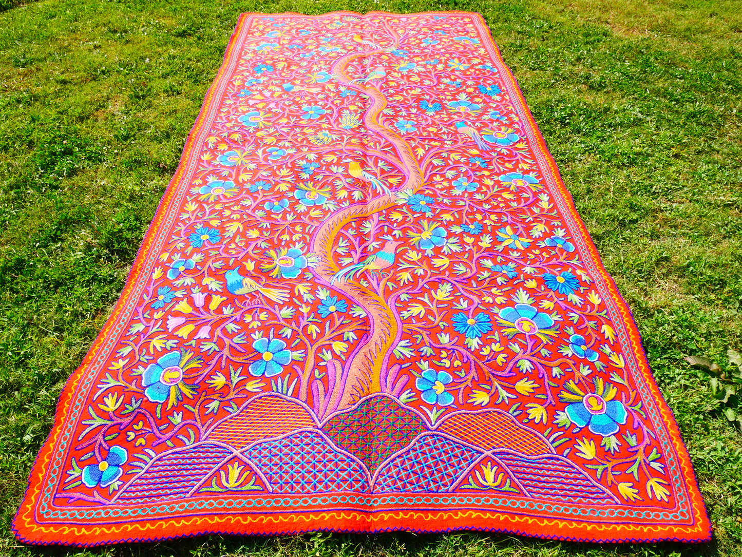 Large wool Namda handmade area rug "Himalayan Garden" traditional Kashmiri rug, felted wool- hand embroidered 12x6