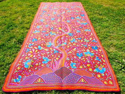 Large wool Namda handmade area rug "Himalayan Garden" traditional Kashmiri rug, felted wool- hand embroidered 12x6