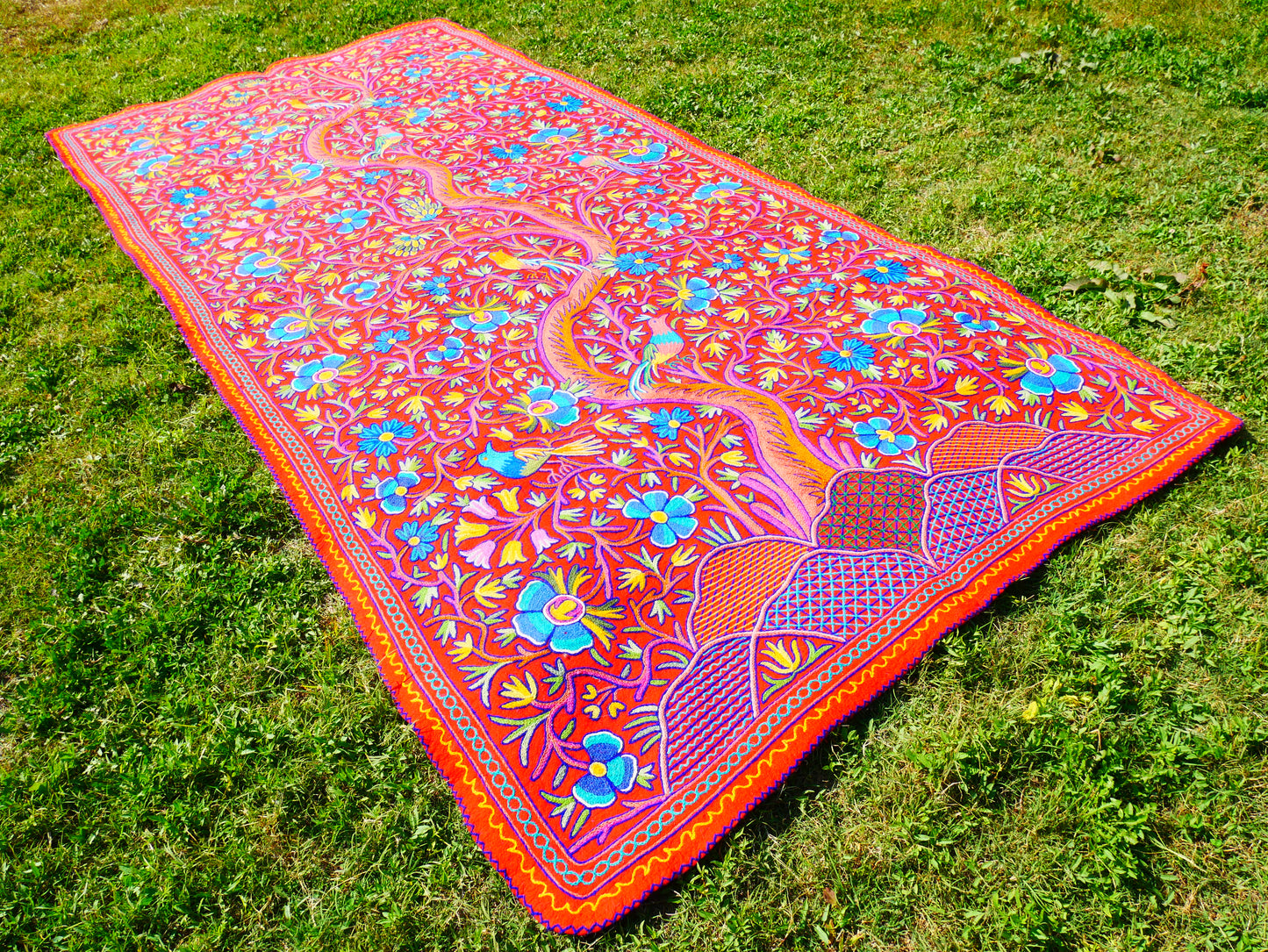 Large wool Namda handmade area rug "Himalayan Garden" traditional Kashmiri rug, felted wool- hand embroidered 12x6
