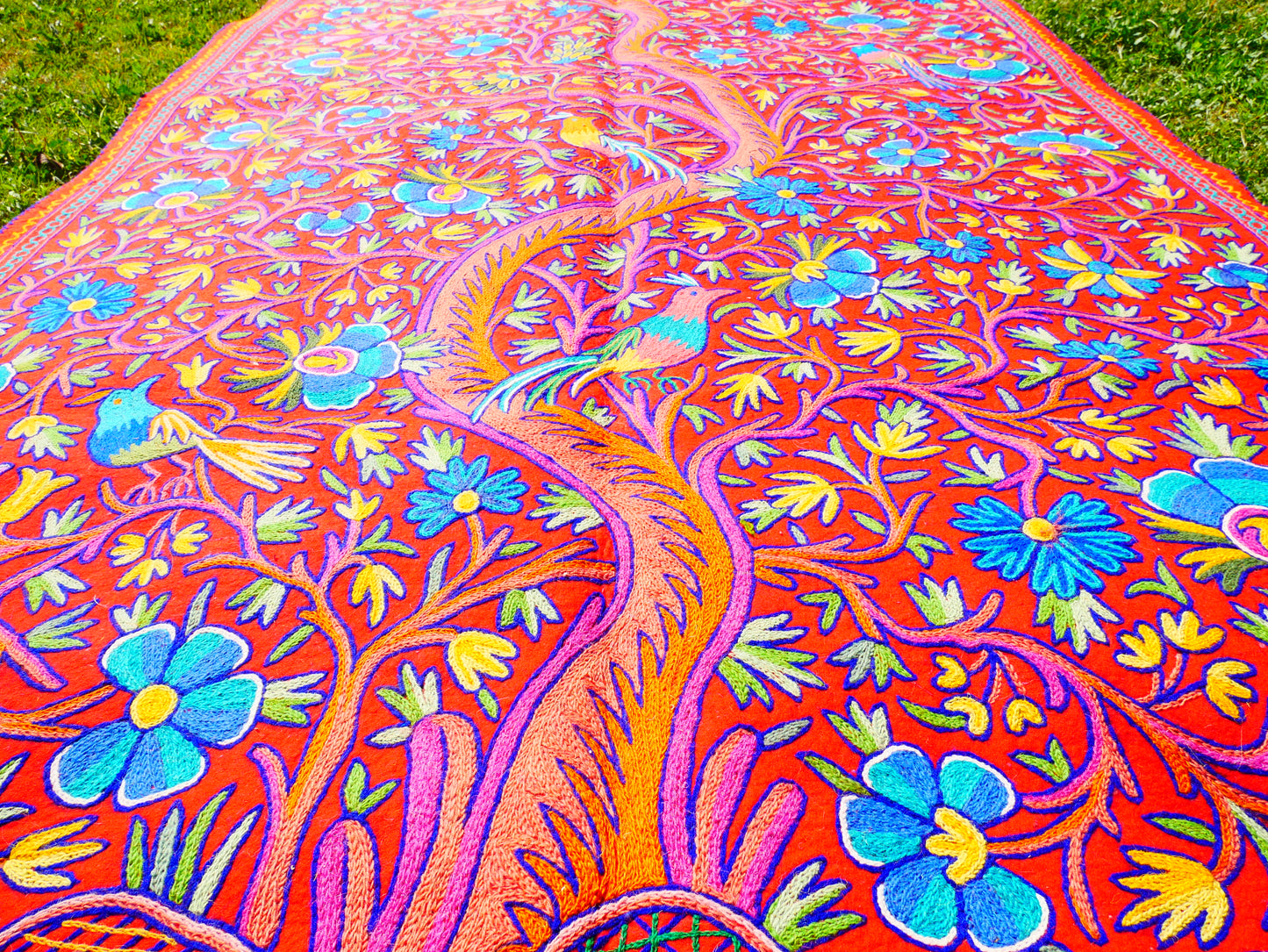 Large wool Namda handmade area rug "Himalayan Garden" traditional Kashmiri rug, felted wool- hand embroidered 12x6