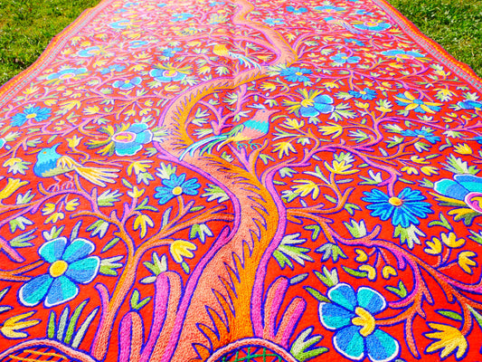 Large wool Namda handmade area rug "Himalayan Garden" traditional Kashmiri rug, felted wool- hand embroidered 12x6