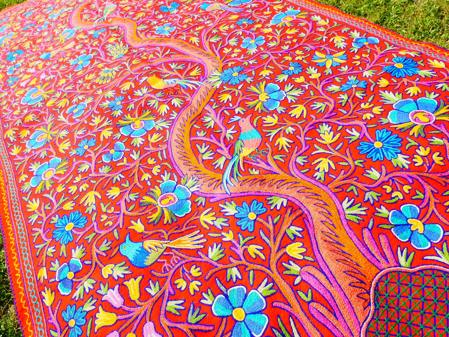 Large wool Namda handmade area rug "Himalayan Garden" traditional Kashmiri rug, felted wool- hand embroidered 12x6