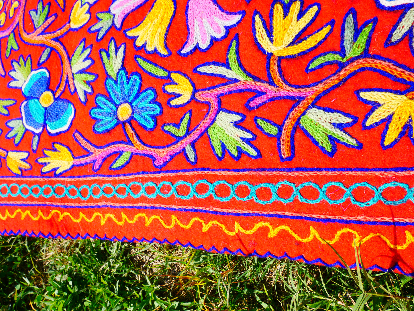 Large wool Namda handmade area rug "Himalayan Garden" traditional Kashmiri rug, felted wool- hand embroidered 12x6