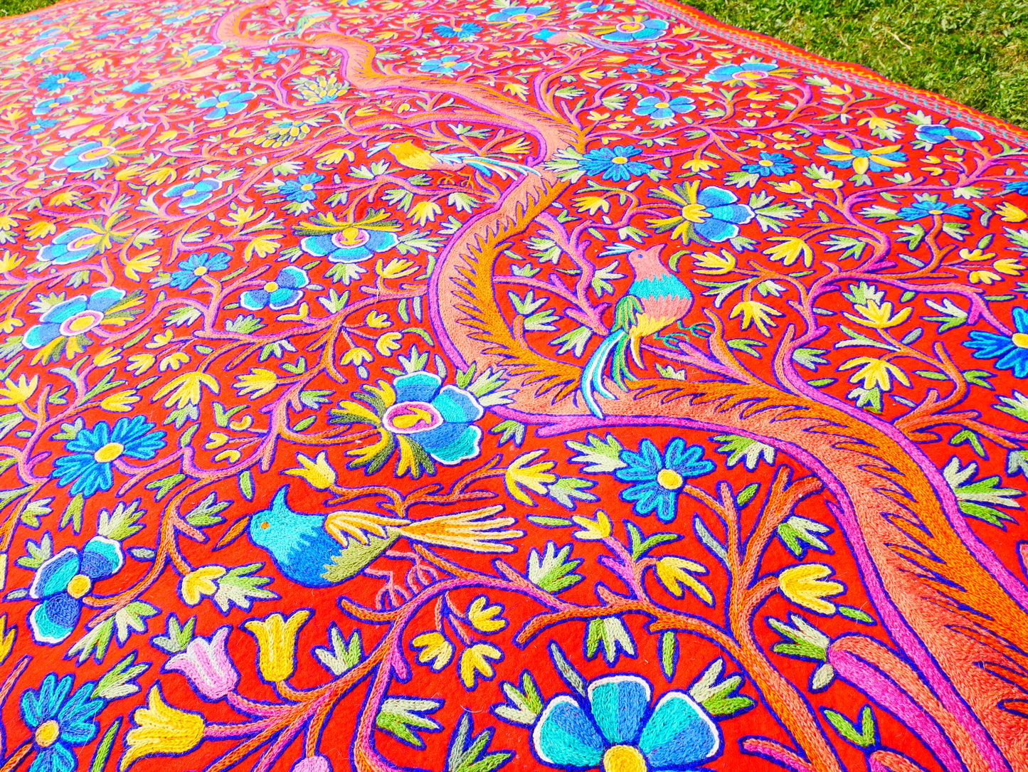 Large wool Namda handmade area rug "Himalayan Garden" traditional Kashmiri rug, felted wool- hand embroidered 12x6