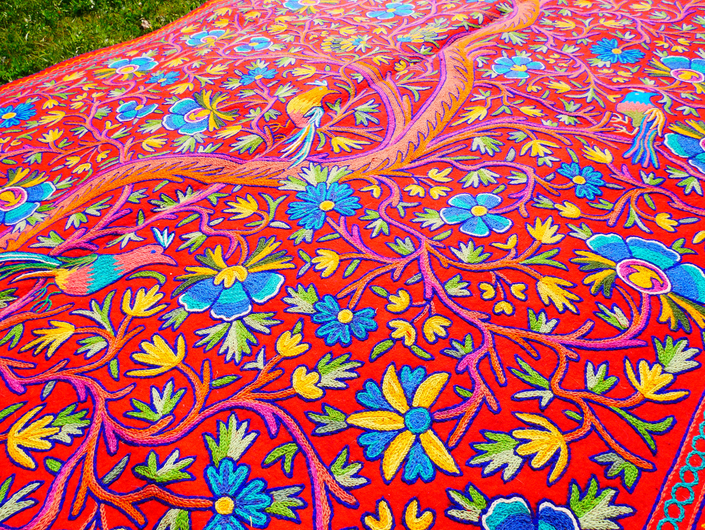 Large wool Namda handmade area rug "Himalayan Garden" traditional Kashmiri rug, felted wool- hand embroidered 12x6