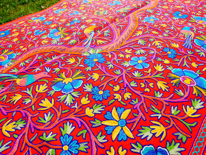 Large wool Namda handmade area rug "Himalayan Garden" traditional Kashmiri rug, felted wool- hand embroidered 12x6