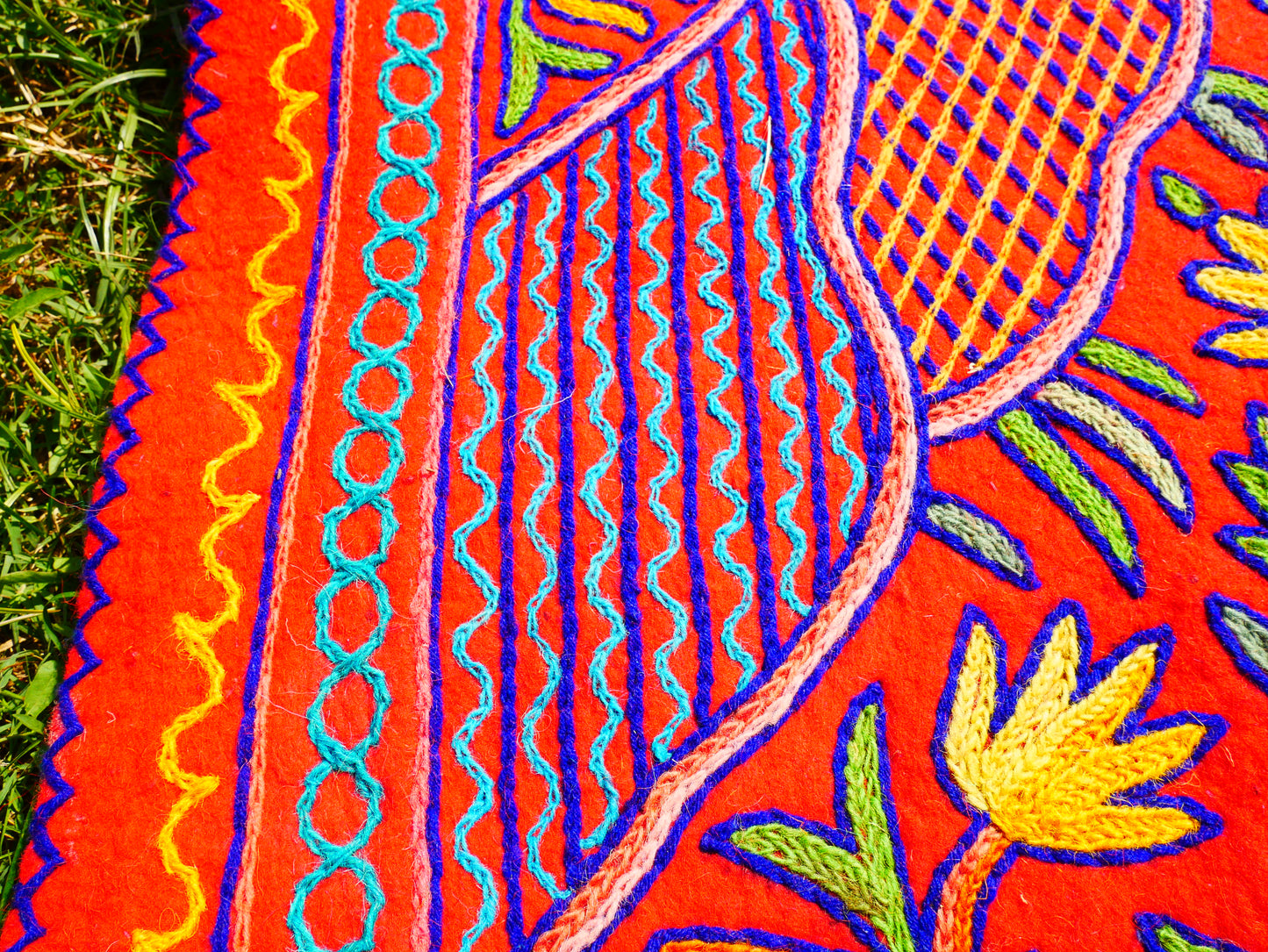 Large wool Namda handmade area rug "Himalayan Garden" traditional Kashmiri rug, felted wool- hand embroidered 12x6
