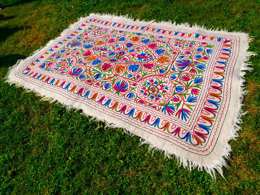 7x5 Boho Wool Rug “Namda” | Hand-Felted Kashmir Floor Carpet With Floral Embroidery | Cozy Hippie Home Decor
