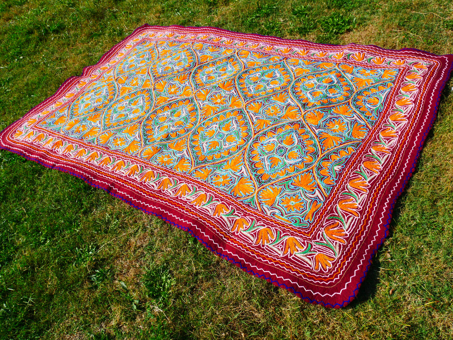 Large wool Namda handmade area rug "Himalayan Jewel" traditional Kashmiri rug, felted wool- hand embroidered 10x7