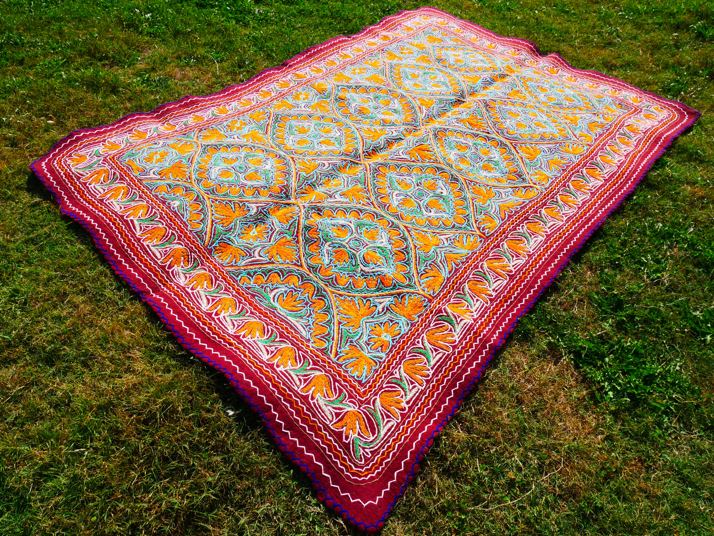 Large wool Namda handmade area rug "Himalayan Jewel" traditional Kashmiri rug, felted wool- hand embroidered 10x7