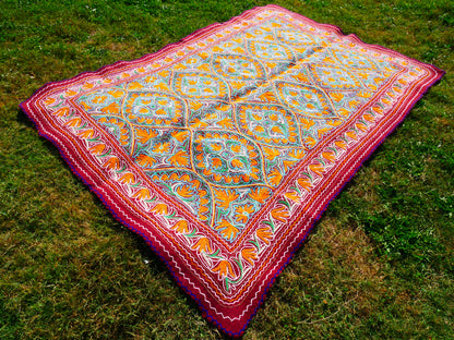 Large wool Namda handmade area rug "Himalayan Jewel" traditional Kashmiri rug, felted wool- hand embroidered 10x7